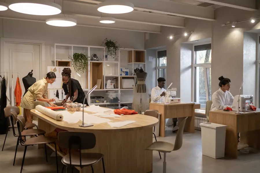Fashion designers working together in a modern atelier with sewing machines and patterns.