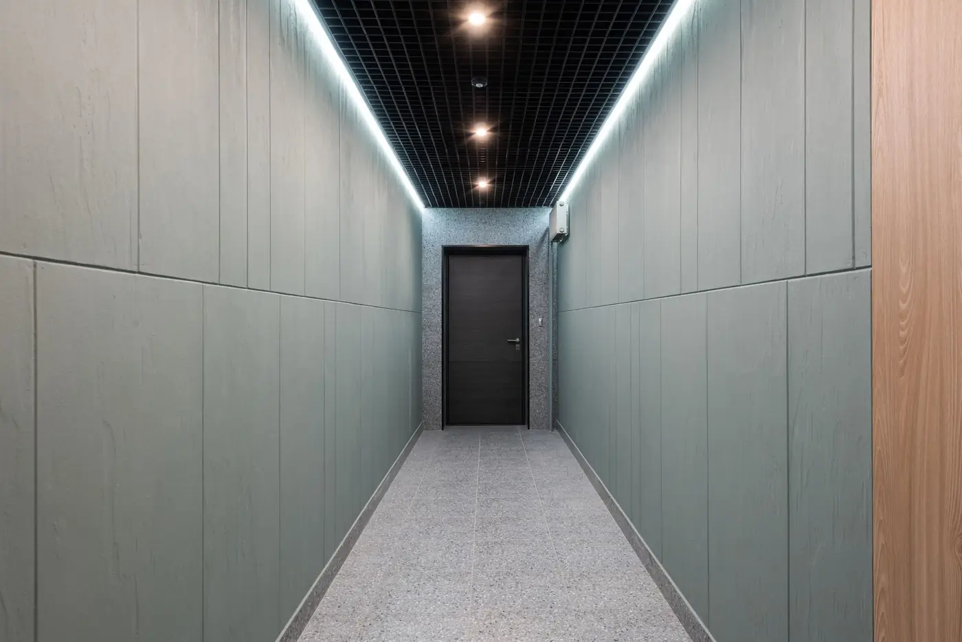 Perspective view of empty hallway with entrance door and illuminated ceiling in contemporary workplace